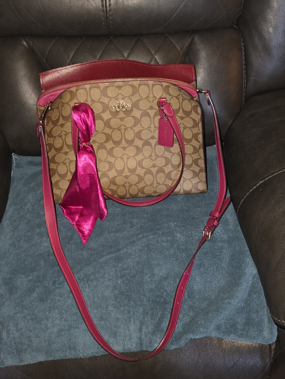 Coach Signature Canvas Crossbody with Fuchsia Trim